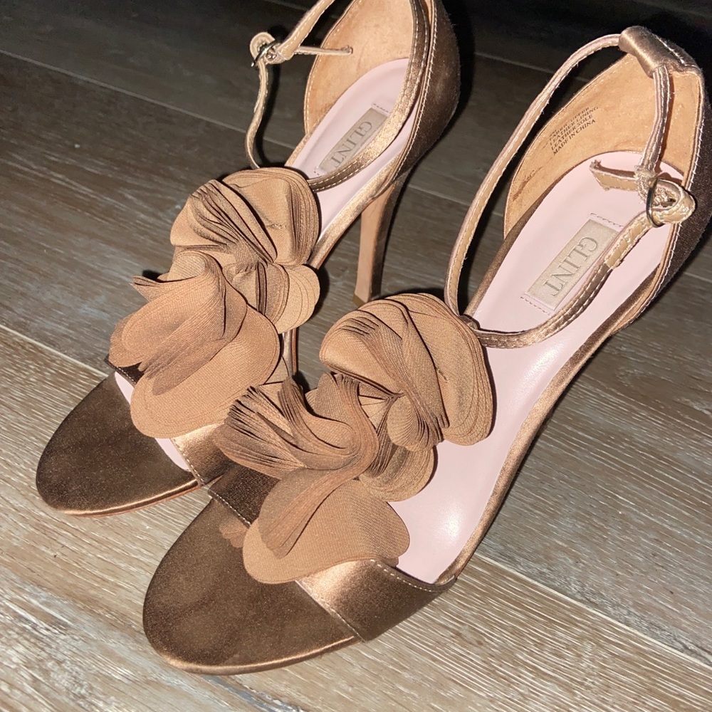 Glint high heel brown satin heels with soft petal detail